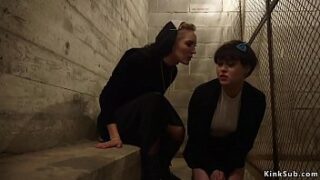 Sexy blonde lesbian domination nun Mona Wales penalizes natural chesty dark-haired step-sister Audrey Noir with otk spanking and assfuck strap on schlong fucking in Church