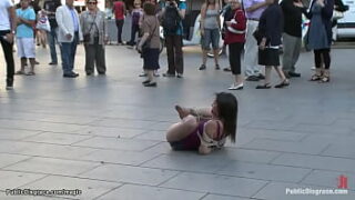 Ball-gagged and tied Spanish brown-haired fuckslut Samia Duarte posing naked in public then big rod James Deen fucking her in various places around the city